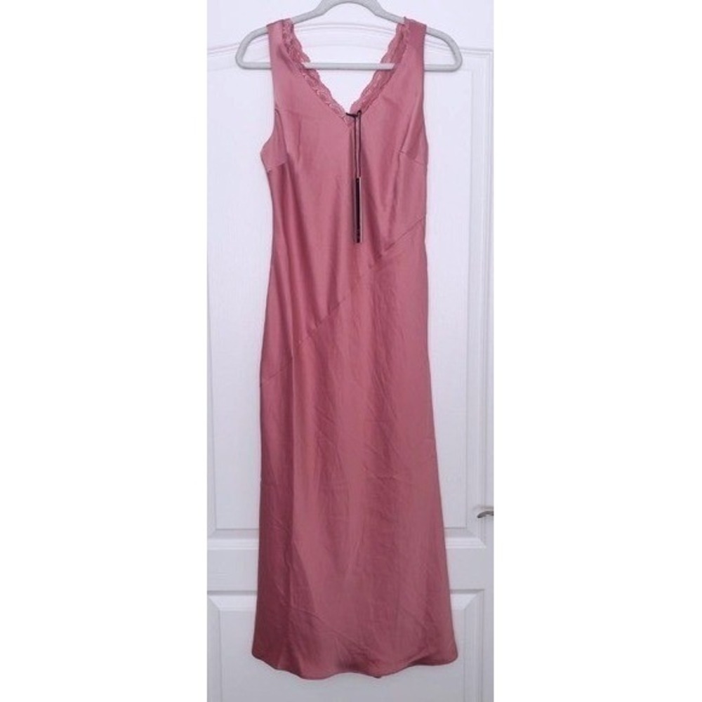 Nicole Miller NY Pink Satin Lace Trim V Neck Sleeveless Maxi Slip Dress Sz 4 NWT